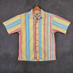 Vintage Tommy Bahama Camp Shirt Mens Medium Yellow Striped Crinkle Lightweight